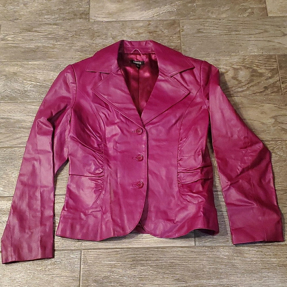 Pink Genuine Leather Jacket Coat - Size 14